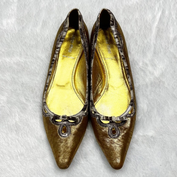 Miu Miu Gold Metallic Leather Pointed Toe Ballet Flats Snake Print Trim 38.5 - Picture 2 of 15